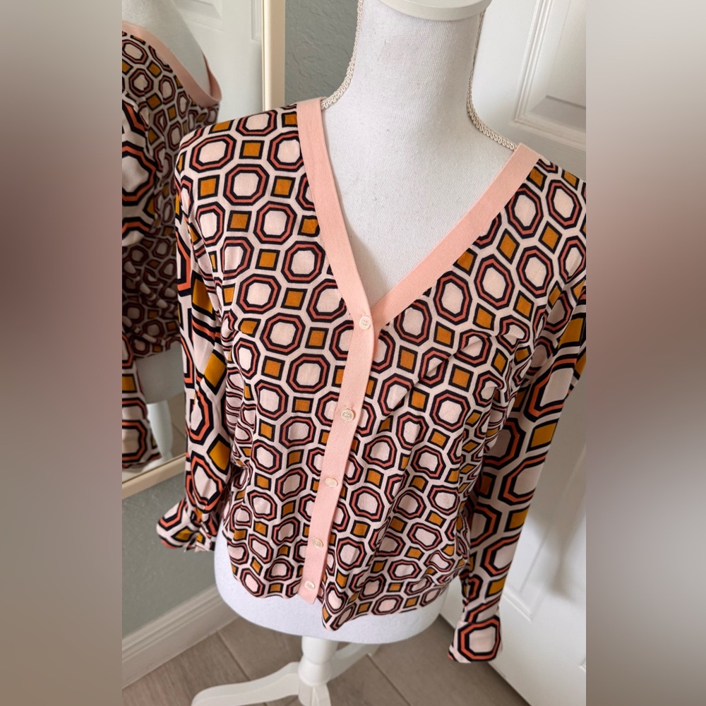 Tory Burch Wesley Cardigan Sweater Size Lrg Peach Geometric Print Silk Sleeves - Picture 10 of 16